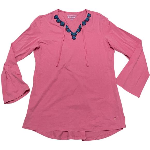 Coolibar Women's L‎ Pink Long Sleeve V Neck UPF 50+ Sun Protection Beaded Shirt - Picture 1 of 6